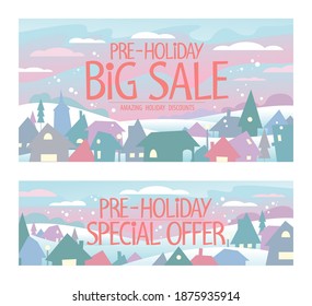 Pre-holiday big sale and special offer. Christmas holiday vector banners set with town landscape
