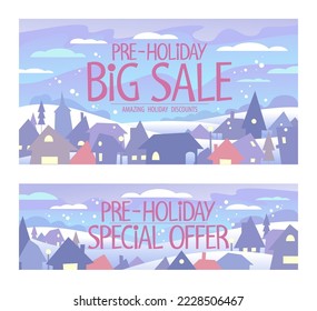 Pre-holiday big sale and special offer, Christmas holiday sale vector web banners collection with winter snowy town landscape