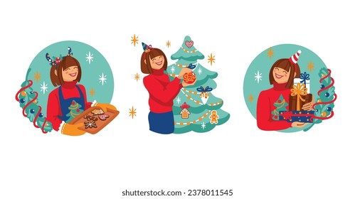 Pre-holiday preparations. Girl decorates a Christmas tree, prepares gingerbread cookies, and packs gifts.