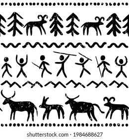 Prehostoric cave paintings art vector seamless pattern in black   white  primitive design inspired by stone drawings and people   animals
