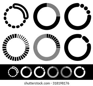 Preloader or buffer shapes, circular elements, symbols. User interface concept. Step, completion, phase, progress indicators, segmented circles.