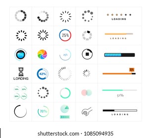 Preloaders and progress bar. Web preloader. Round progress bar. Set of loading elements. Loading and buffering icon. Collection of modern preloaders and progress loading bars. Vector set of preloaders