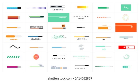 Preloaders and progress bar. Web preloader. Buffer progress bar. Set of loading elements. Collection of modern loading bars and buffering icon set isolated on white background. Vector set preloaders