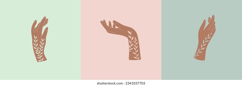 Pre-made art poster with female floral hands in linocut style; vector illustration set with hand gestures