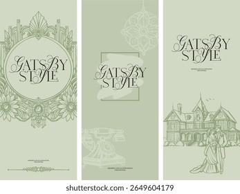 Fundo pré-feito, modelo de convite, menu, folheto. Ilustração digital moderna - estética, composição linear fantasia para projetos de casamento, estilizado para a era dos vinte anos do século passado i