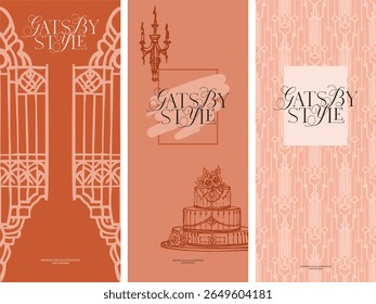 Pre-made background, invitation template, menu, flyer. Modern digital illustration - aesthetic, fancy linear composition for wedding designs, stylized for the era of the twenties of the last century i