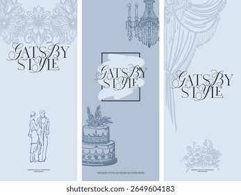 Fundo pré-feito, modelo de convite, menu, folheto. Ilustração digital moderna - estética, composição linear fantasia para projetos de casamento, estilizado para a era dos vinte anos do século passado i
