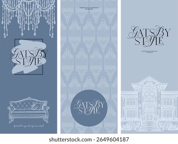 Fundo pré-feito, modelo de convite, menu, folheto. Ilustração digital moderna - estética, composição linear fantasia para projetos de casamento, estilizado para a era dos vinte anos do século passado i