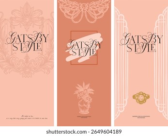 Fundo pré-feito, modelo de convite, menu, folheto. Ilustração digital moderna - estética, composição linear fantasia para projetos de casamento, estilizado para a era dos vinte anos do século passado i