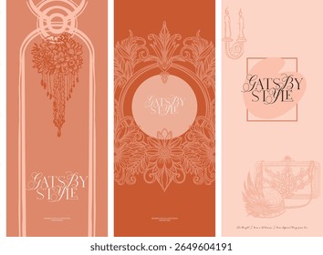 Fundo pré-feito, modelo de convite, menu, folheto. Ilustração digital moderna - estética, composição linear fantasia para projetos de casamento, estilizado para a era dos vinte anos do século passado i