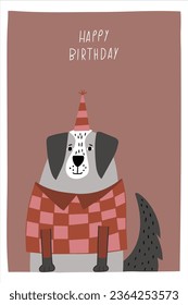 Premade birthday card with awesome cute dog in birthday party hat and pullover, children's birthday party and lettering. Vector card with nice animal. Friendly pet. EPS 10.
