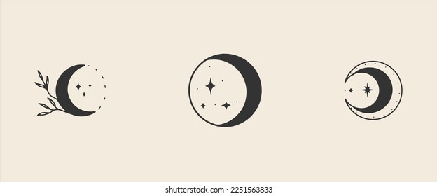 Premade bohemian minimalyst logo design elements. Black  White, abstract branding. Tribal Patterns. Esoteric mystic symbols. Mon, sun, strars celestial clipart