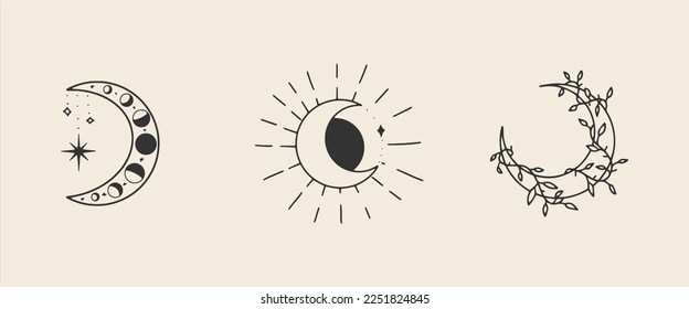 Premade bohemian minimalyst logo design elements. Black  White, abstract branding. Tribal Patterns. Esoteric mystic symbols. Mon, sun, strars celestial clipart