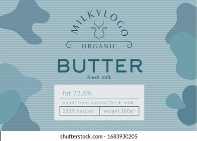 Premade butter packaging background for butter, milk, yogurt or milkshake. Light striped blu label ready for use with cow logotype.