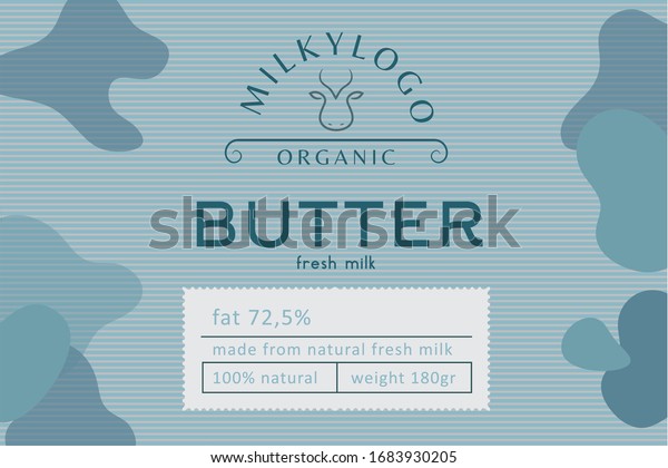 Premade butter packaging background for butter,\
milk, yogurt or milkshake. Light striped blu label ready for use\
with cow logotype.