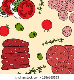 Pre-made card with antipasto ingredients in cartoon style. Vector illustration. Perfect for menu, card, textile design