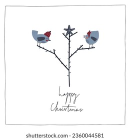 Premade card with Christmas tree an cute birds. Holidays invitation card, poster, banner,  postcard, packaging, greeting card, print. Vector illustration. Hand drawn vintage design. EPS 10.