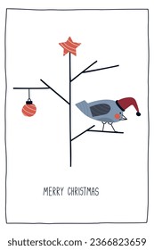 Premade card with Christmas tree, tree toys and cute bird. Holidays invitation card, poster, banner,  postcard, packaging, greeting card, print. Vector illustration. Hand drawn vintage vector design