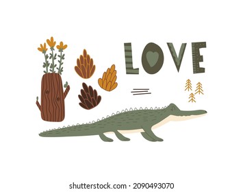 Premade card Crocodile, tree stump, plants and cones