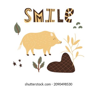 Premade card smile wild boar and plants