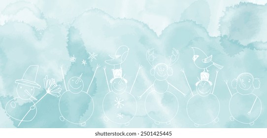 Pre-made  Christmas  design with cartoon snowmen on blue watercolor background. Vector layout decorative greeting card or invitation design background. 