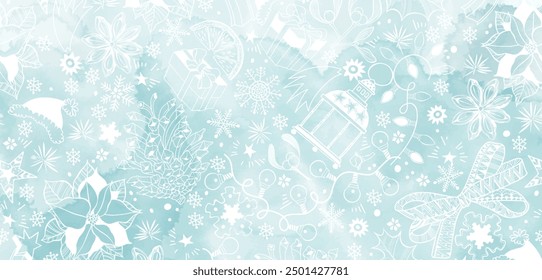 Pre-made  Christmas  design with traditional festive symbols on blue watercolor background. Vector layout decorative greeting card or invitation design background. 