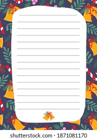 Plantilla de papel de Navidad prefabricada para notas. Papel de notas temáticas de vacaciones con líneas y marco adorable con campanas y vegetación. Para hacer diseño de plantillas de lista u organizador con decoración navideña