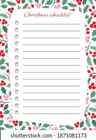 Pre-made Christmas Stationary Template For Notes. Christmas Checklist With Cute Little Gifts As Check Boxes And Lines For Writing.