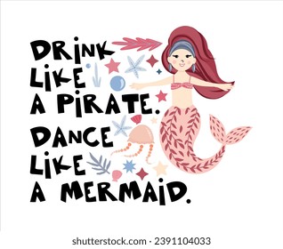 Pre-made composition with cute mermaid under the sea among the seaweed, corals and sea creatures, lettering about the mermaids, vector hand drawn illustrations for posters, cards, textile prints
