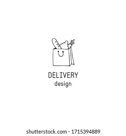Premade delivery logo template with vector hand drawn grocery bag. For courier services, shops, grocery stores and supermarkets. For branding and business identity.