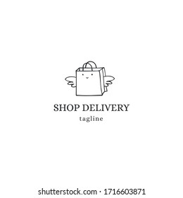 Premade delivery logo template with vector hand drawn flying shopping bag. For courier services, shops, boutiques, stores and supermarkets. For branding and business identity.