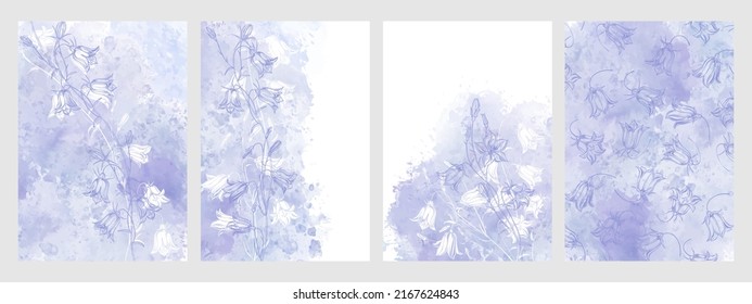 Pre-made design with bluebells, lilac watercolor splash and place for text. Vector layout decorative greeting card or invitation design background, wallpaper design. Four different versions .