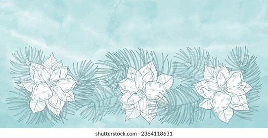 Pre-made design with Christmas tree branches, poinsettia flowers and space for text on blue watercolor background. Vector layout decorative greeting card or invitation design background. 