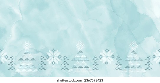 Pre-made design with Christmas trees, snowflakes and space for text on a blue watercolor background. Vector layout decorative greeting card or invitation design background. 