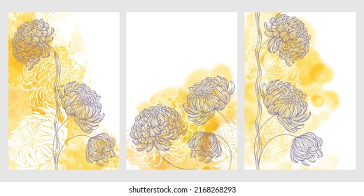 Pre-made design with with chrysanthemum flowers, yellow watercolor splash and place for text. Vector layout decorative greeting card or invitation design background, wallpaper design. Three different 
