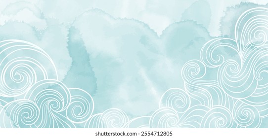 Pre-made design with hand-drawn waves, watercolor splash and place for text. Luxury design on a marine theme. Vector layout decorative  card, invitation design background, packaging, booklets,prints. 