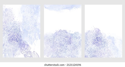 Pre-made design with with hyacinth flowers, very-peri watercolor splash and place for text. Vector layout decorative greeting card or invitation design background, wallpaper design. Spring theme.