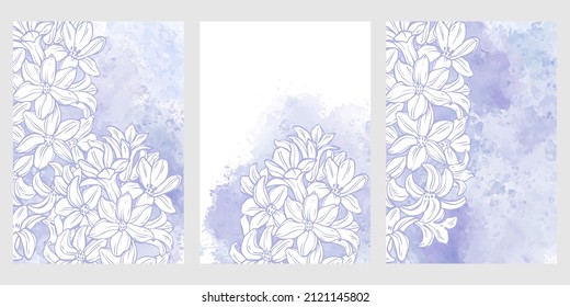 Pre-made design with with hyacinth flowers, very-peri watercolor splash and place for text. Vector layout decorative greeting card or invitation design background, wallpaper design. Three different ve