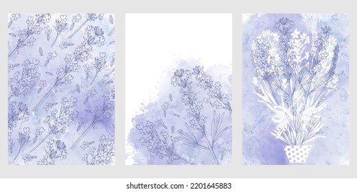 Pre-made design with with lavender flowers, very-peri watercolor splash and place for text. Vector layout decorative greeting card or invitation design background, wallpaper design. 