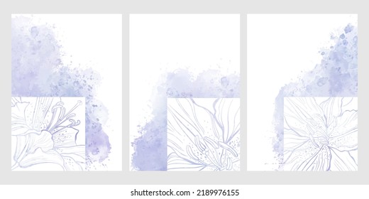 Pre-made design with lily flowers, purple colour watercolor splash and place for text. Vector layout decorative greeting card or invitation design background, wallpaper design. Three different version