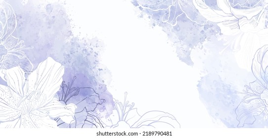 Pre-made design with with lily flowers, very-peri watercolor splash and place for text. Vector layout decorative greeting card or invitation design background, wallpaper design. 