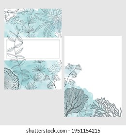 Pre-made design on the marine theme with seaweed , watercolor spots and place for text. Vector layout decorative greeting card or invitation design background. Two different options.