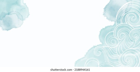 Diseño prefabricado sobre un tema marino con olas, salpicaduras de acuarela y lugar para el texto. Diseño de vectores tarjeta de bienvenida decorativa o fondo de diseño de invitación. 