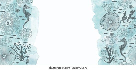 Pre-made design on a marine theme with seahorse, fish, shells, corals,  watercolor splash and place for text. Vector layout decorative greeting card or invitation design background. 