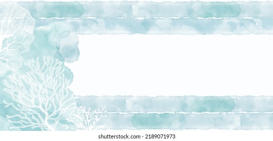 Pre-made design on a marine theme with corals, waves,  watercolor splash and place for text. Vector layout decorative greeting card or invitation design background. 