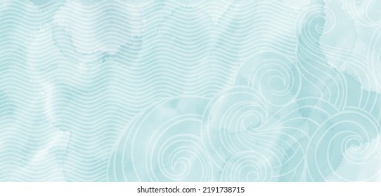 Pre-made design on a marine theme with waves,  watercolor splash background  and place for text. Vector layout decorative greeting card or invitation design background. 