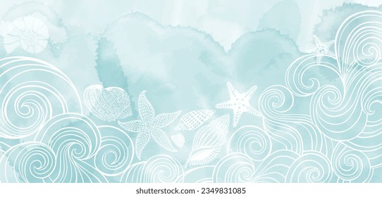  Pre-made design on a marine theme. Vector illustration with shells, starfish, corals, sea creatures, waves, watercolor splash and place for text. Layout decorative greeting card or design background.