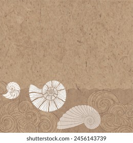 Diseño pre-hecho sobre un tema marino con olas, nautilus y lugar para el texto en papel kraft. Diseño de Vector tarjeta de felicitación decorativa o fondo de diseño de invitación. 