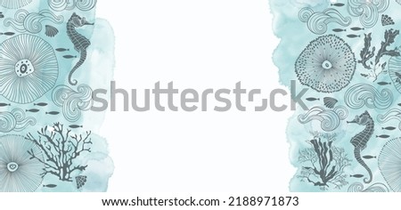 Pre-made design on a marine theme with seahorse, fish, shells, corals,  watercolor splash and place for text. Vector layout decorative greeting card or invitation design background. 
