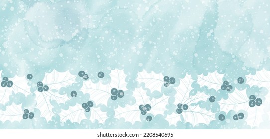 Pre-made design on Merry Christmas mood,  watercolor splash background  and place for text. Vector layout decorative greeting card or invitation design background. 